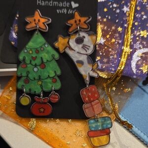 Handmade Festive Tree and Cat Earrings